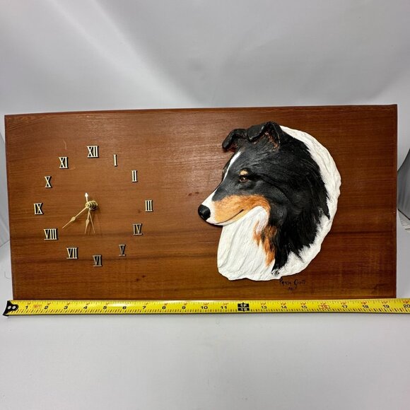 Vintage 1991 Pamela Gravitt Rough Collie Dog Wall Clock Wood Art Signed - Picture 8 of 12